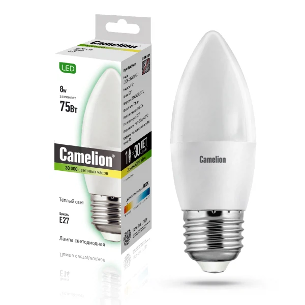 лампа светодиодная camelion 12389 e27 led8-c35/830 8вт 3000k