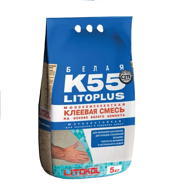 Клей плиточный клей для плитки и мозаики litokol litoplus k55, цвет белый (класс с2 tе), 5 кг