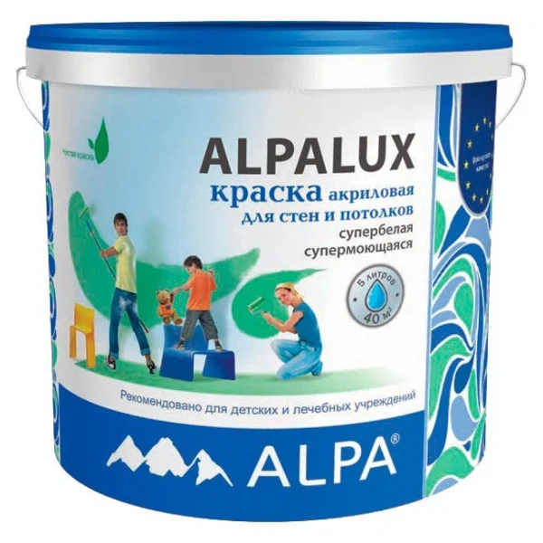 краска alpalux акриловая для стен и потолков моющаяся супербелая 2л