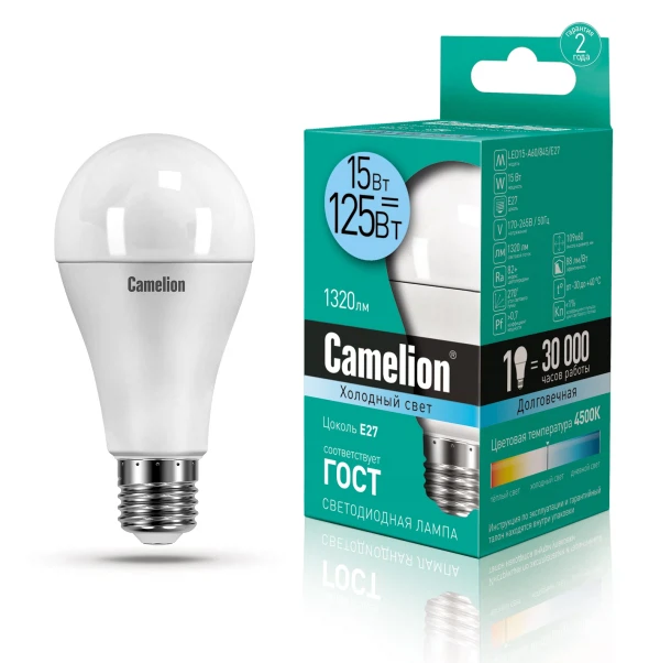 лампа светодиодная camelion e27 led15-a60/845 15вт 4500k