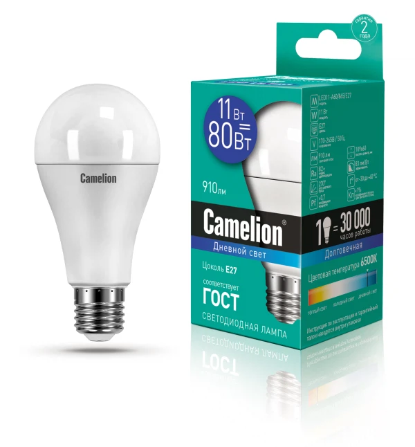 лампа светодиодная camelion e27 led11-a60/865 11вт 6500k