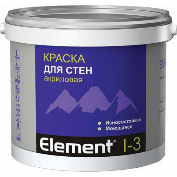 краска element i-3 акриловая для стен моющаяся белая 10л