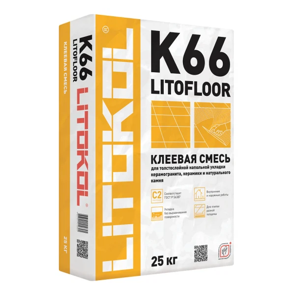 Клей плиточный клей для плитки толстослойный litokol litofloor k66, 25 кг