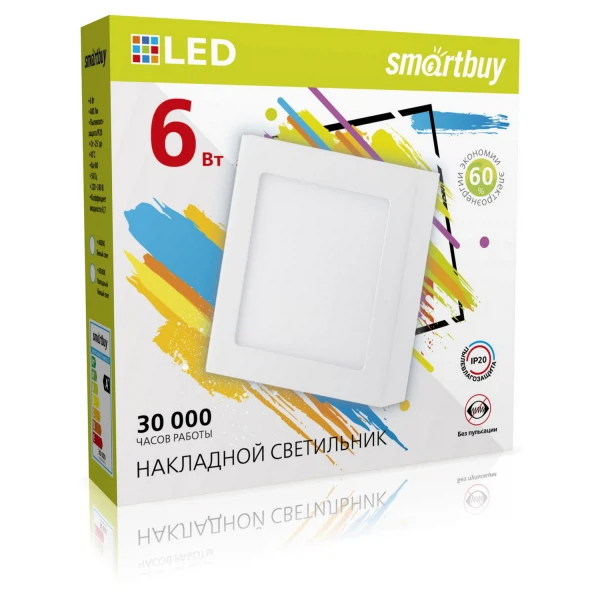 Панели светодиодные светильник светодиодный накладной smartbuy 6вт 220в 4000к 480лм 110мм ip20 sbl-sqsdl-6-4k