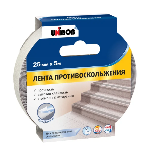 Скотч лента клейкая противоскольжения unibob 25мм х 5м, прозрачный,54804