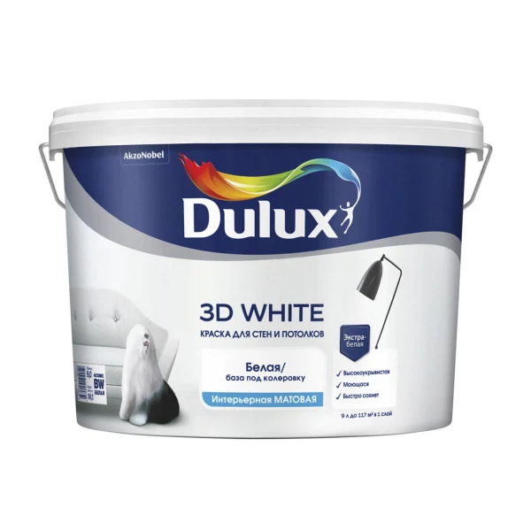 Краски для стен  Аксон краска для стен и потолков водно-дисперсионная dulux 3d white матовая 9л