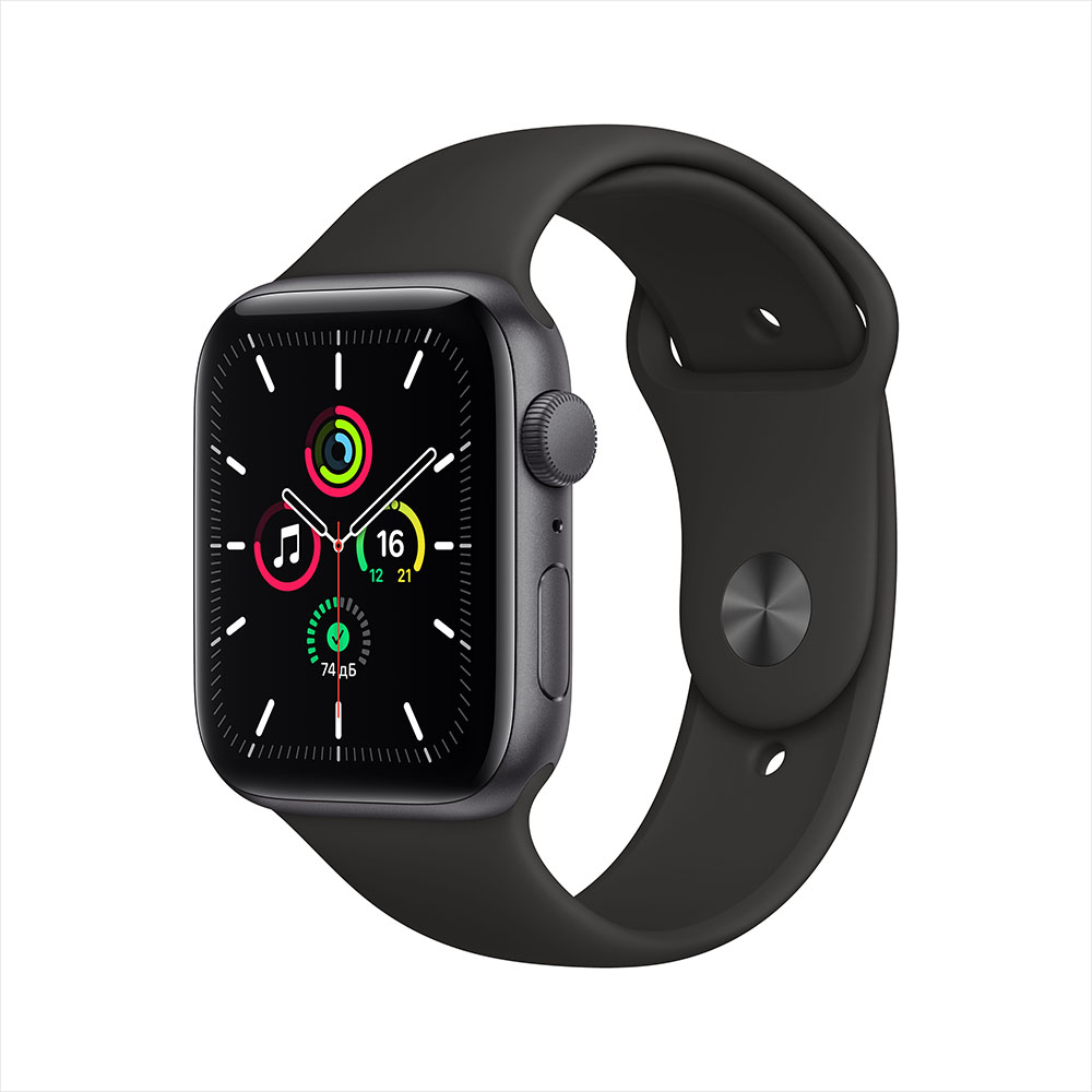 Apple Watch SE GPS 44mm (корпус - серый космос, спортивный ремешок черного цвета)