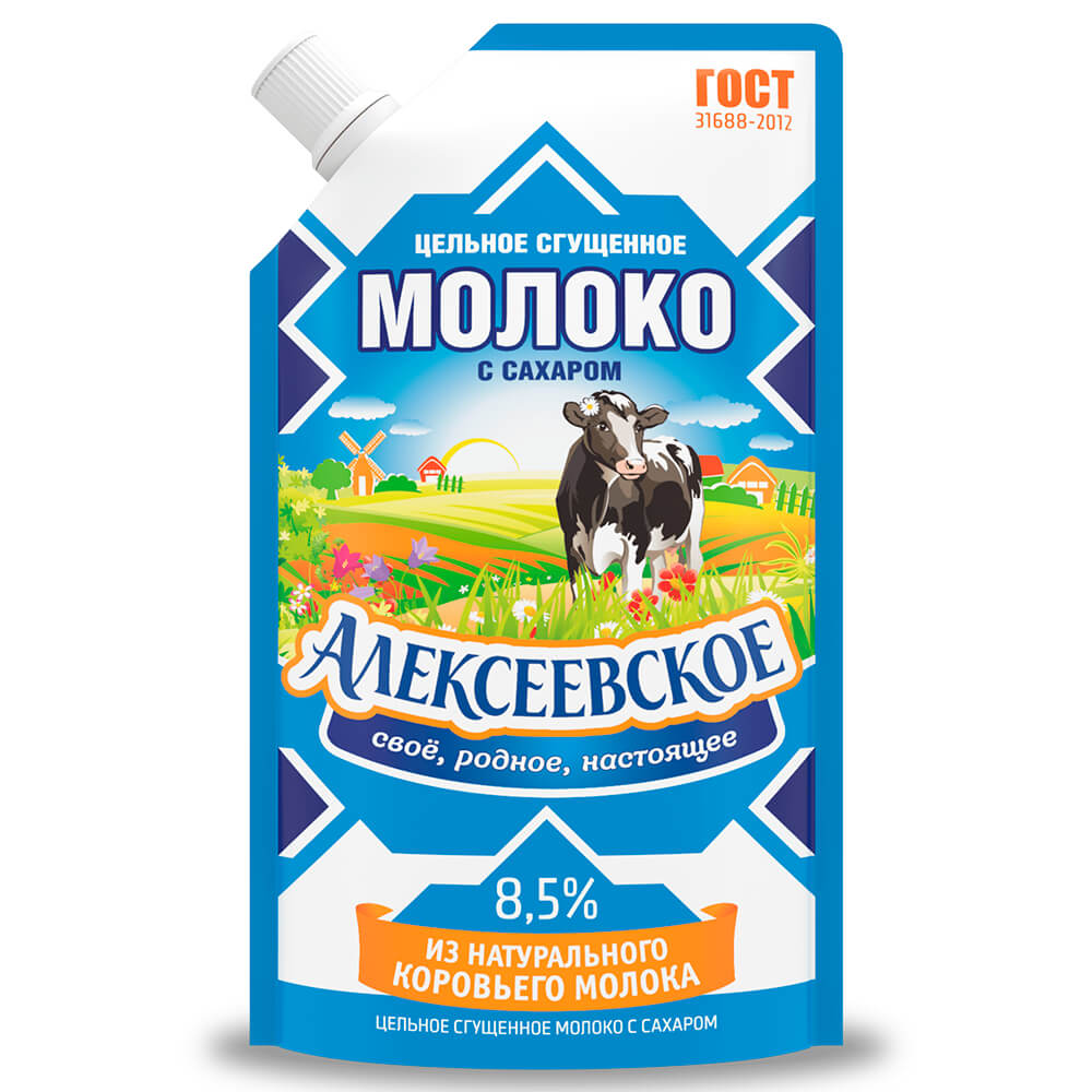 Молоко цельное сгущенное с сахаром Алексеевское, 270г дойпак