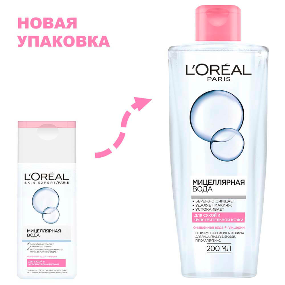 L'Oreal Paris Мицеллярная вода для снятия макияжа, для сухой и чувствительной кожи, гипоаллергенно,