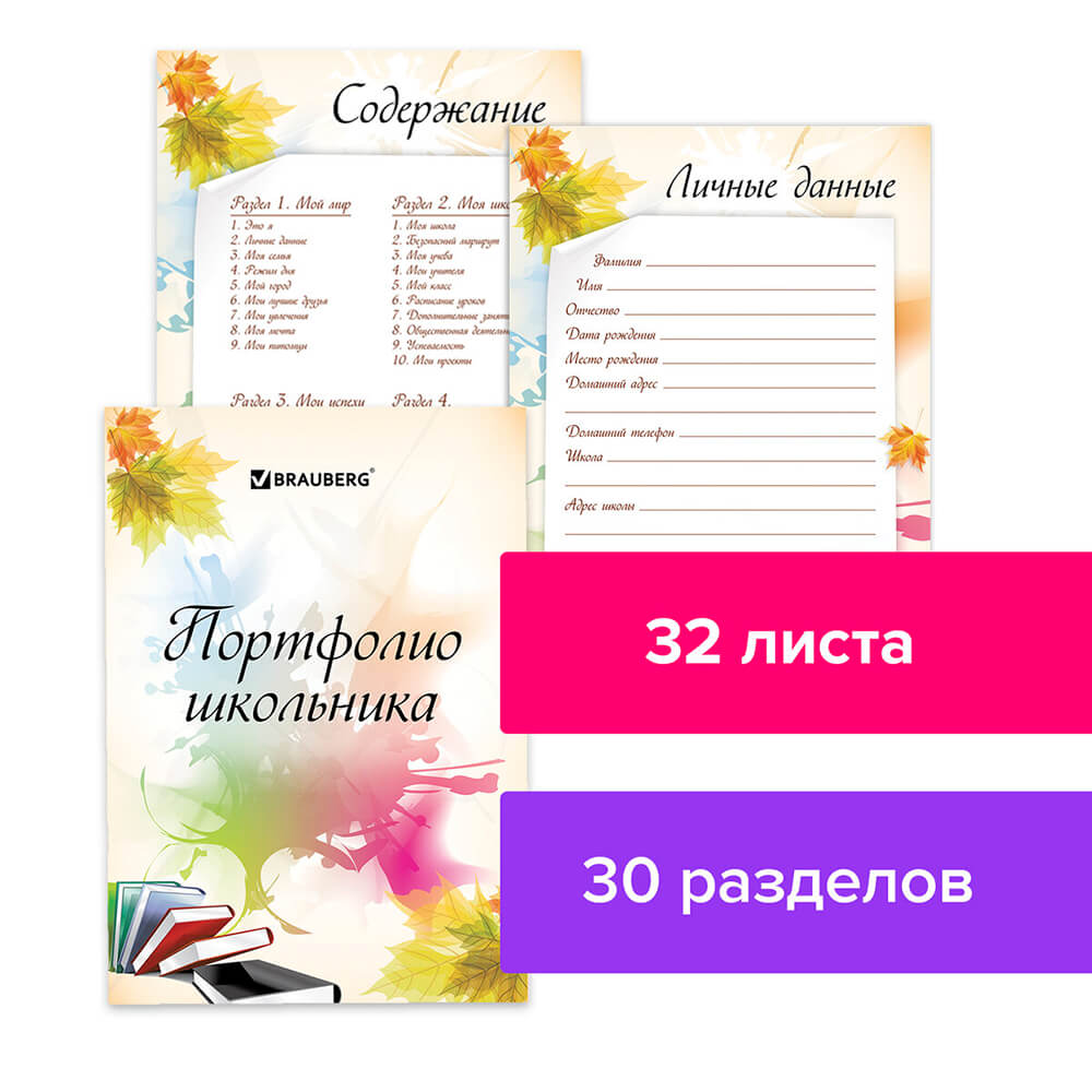 Листы-вкладыши для портфолио школьника брауберг портфолио 30 разделов 32 л 127550