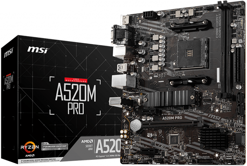 Материнская плата mATX MSI A520M PRO (AM4, AMD A520, 2*DDR4(4600), 4*SATA 6G RAID, M.2, 3*PCIE, 7.1CH, Glan, VGA, HDMI, DP, 6*USB 3.2)