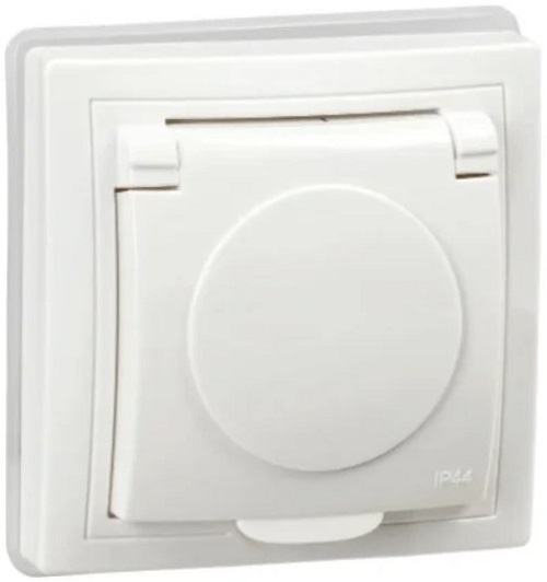 Розетка с заземлением с крышкой IEK KV-R16-16-44-K01 KVARTA с защитными шторками 16А IP44 РСбш10-3-КБ-44 белый