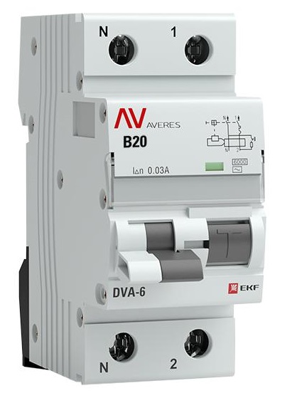 Автомат дифференциальный EKF rcbo6-1pn-20B-30-ac-av DVA-6 1P+N 20А (B) 30мА (AC) 6кА AVERES