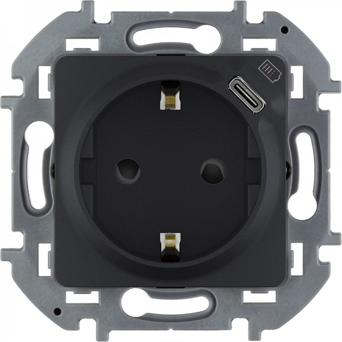 Розетка Legrand 673773 Inspiria антрацит 2К+З немецкий стандарт 16А 250В со встроенным зарядным устройством USB C 1.5А 5В