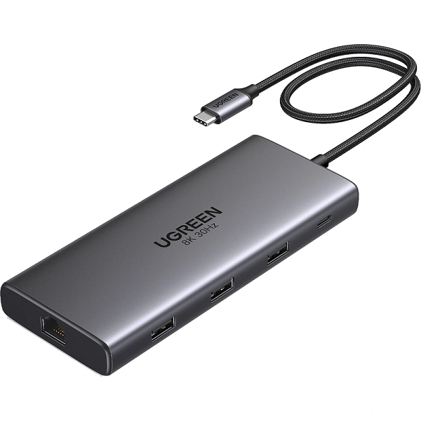 Конвертер UGREEN CM639 15534_ Revodok Pro 10-in-1 8K/30Hz USB-C to 1*USB3.0/2*USB2.0/USB-C3.0/2*HDMI/RJ45 Gigabit/SD/TF/PD. Цвет: серый