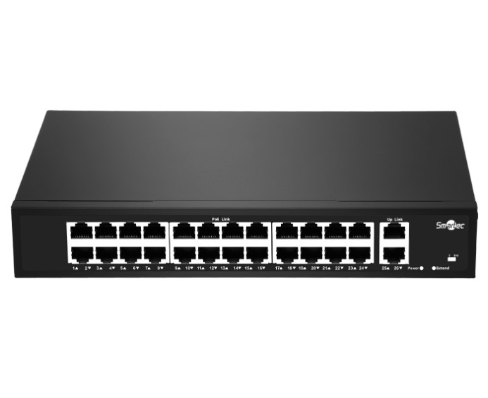 Коммутатор неадминистрируемый Smartec ST-NS224MB-GD 24 RJ-45 POE порта (10/100 Мбит/с), 2 RJ-45 Uplink порта (1000 Мбит/с), бюджет на порт до 30 Вт, о