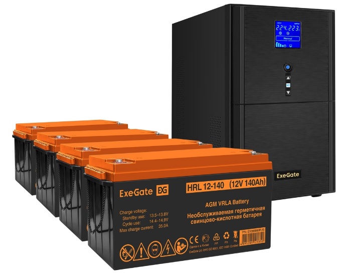 Комплект Exegate SineTower SZ-3000.LCD.AVR.3SH.1C13.RJ.USB EX296862RUS ИБП EX295990RUS + батарея 40Aч EX282976RUS 4шт (инвертор, синус, для котла) 300