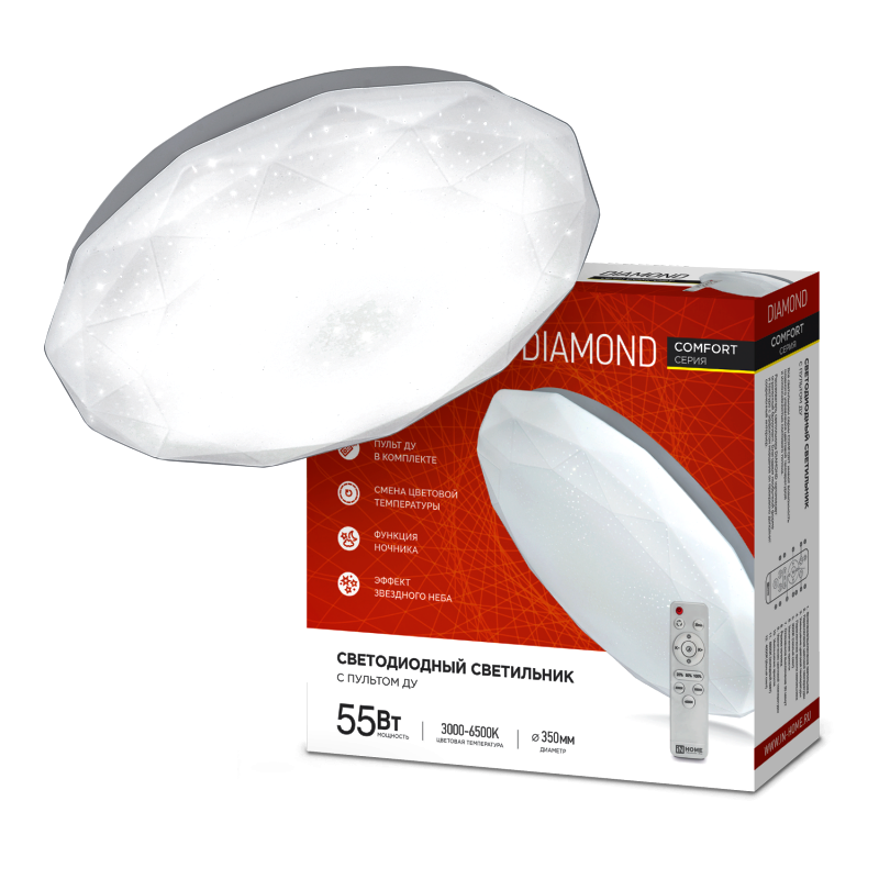Светильник светодиодный IN HOME 4690612035048 COMFORT DIAMOND 55Вт 230В 3000-6500К 4400лм 330х80мм с пультом ДУ
