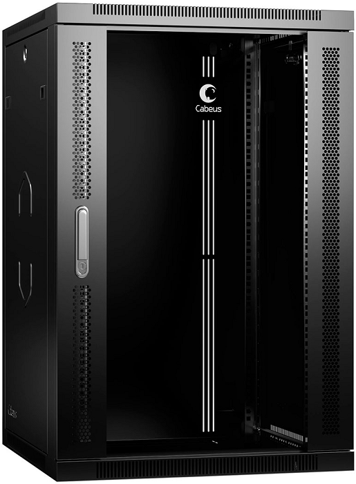 Шкаф настенный 19, 18U Cabeus SH-05F-18U60/35-R-BK 600x350x901mm (ШхГхВ) дверь стекло, цвет черный (RAL 9004)