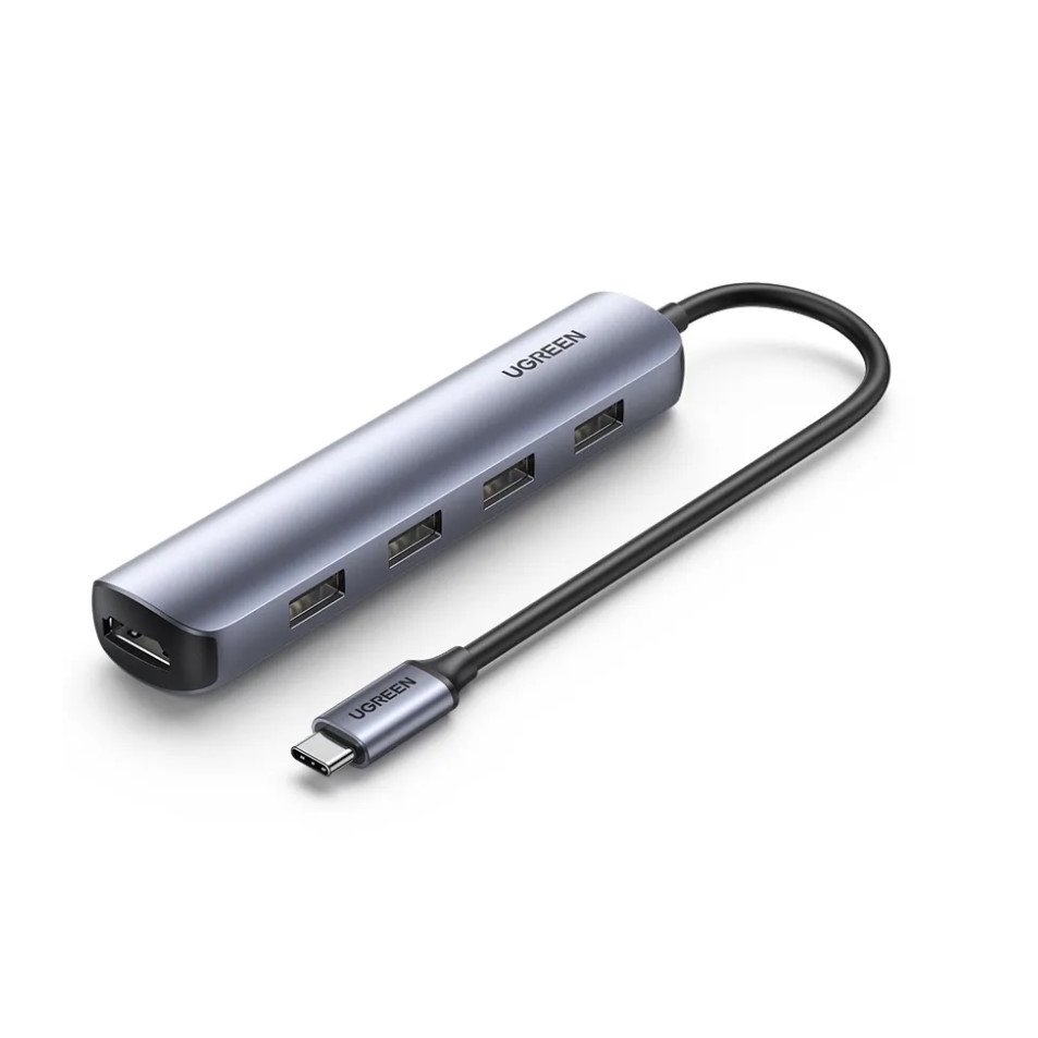 Адаптер UGREEN 20197_ USB-C to 4*USB 3.0+HDMI, серый
