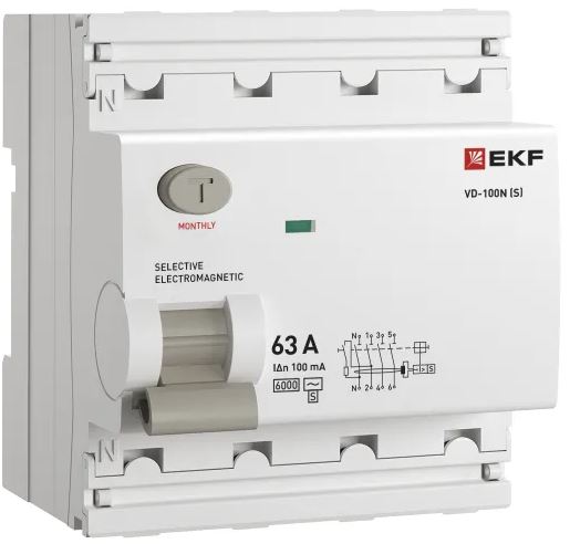 УЗО EKF E1046MS63100 ВДТ ВД-100N (S) 4P 63А 100мА AC эл-мех 6кА PROXIMA