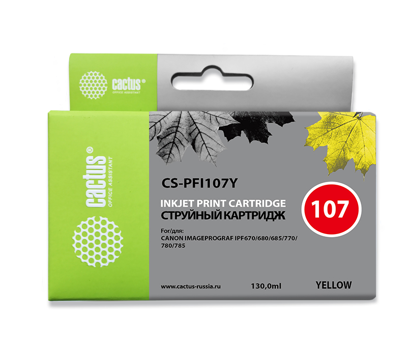 Картридж Cactus CS-PFI107Y желтый (130мл) для Canon IP iPF670/iPF680/iPF685/iPF770/iPF780