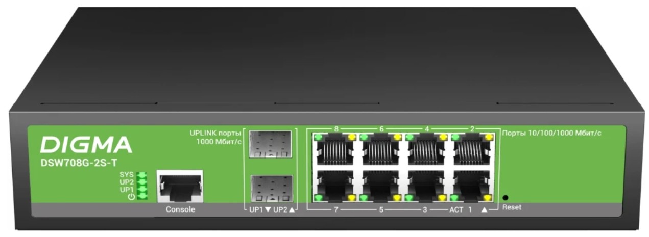 Коммутатор управляемый Digma DSW708G-2S-T (L2+) 8x1Гбит/с 2SFP