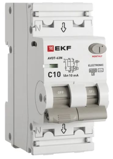 Автомат дифференциальный EKF D63N26E10C10 АВДТ-63N 1P+N 10А (C) 10мА (AC) эл 6кА PROXIMA
