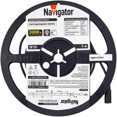Лента светодиодная Navigator NLS-3528WW60-4.8-IP20-12V 60LED/м, 4,8Вт, 12В DC, нарез. кр. 50мм, теплый белый 3000К, IP20, 5м. в ролле (71402)