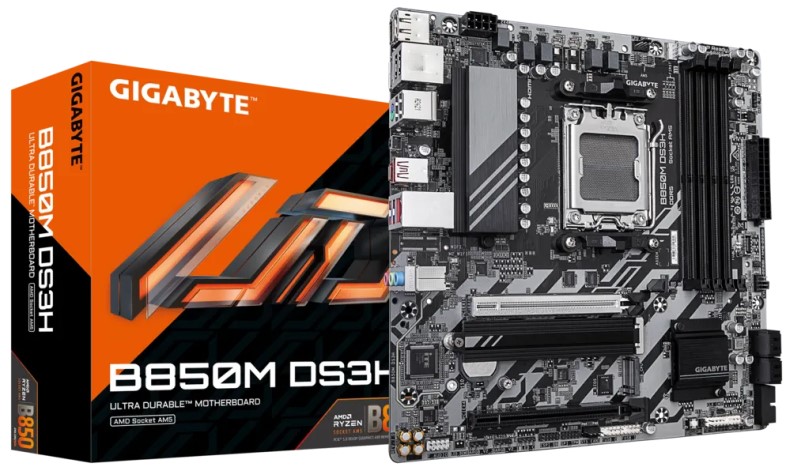 Материнская плата mATX GIGABYTE B850M DS3H (AM5, AMD B850, 4*DDR5 (5200), PCIe, 2*M.2, 4*SATA, 2*USB 2.0, USB 3.2, USB Type-C, HDMI, 2*DP)