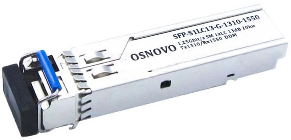 Модуль SFP OSNOVO SFP-S1LC13-G-1310-1550 до 1.25 Гбит/c, LC/13дБ/расстояние передачи до 20км/Tx 1310/Rx 1550/поддержка DDM