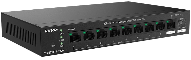 Коммутатор управляемый Tenda TEG2210P-8-120W PoE, 10 портов, 9x1 Гбит/с, SFP 1x1 Гбит/с, PoE 8x30Вт (до 110 Вт)