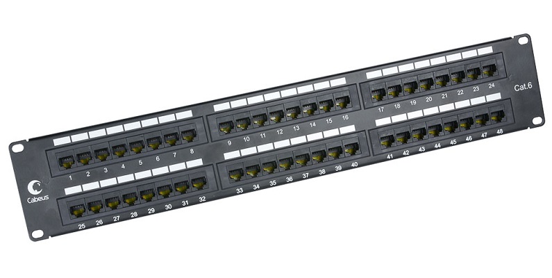 Патч-панель Cabeus PL-48-Cat.6-Dual IDC  19 (2U), 48 портов RJ-45, категория 6, Dual IDC, с задним кабельным организатором