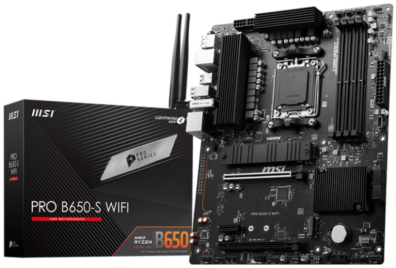 Материнская плата ATX MSI PRO B650-S WIFI (AM5, AMD B650, 4*DDR5 (7200), 4*SATA 6G RAID, 2*M.2, 3*PCIE, 2.5Glan, WiFi, BT, USB Type-C, 7*USB 3.2, HDMI