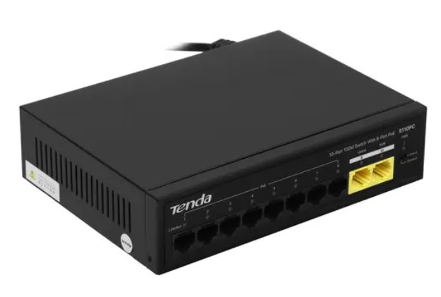 Коммутатор неуправляемый Tenda S110PC PoE, 10 портов, 10x100 Мбит/с, PoE 8х до 30 Вт, настольный