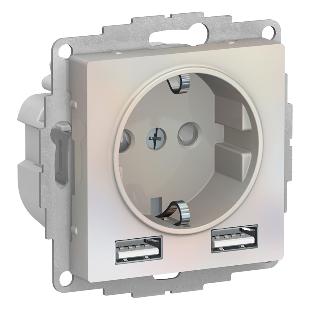 Розетка с заземлением с 2 USB Systeme Electric ATN000430 AtlasDesign A+A, 5В/2,4А, 2х5В/1,2А, механизм, Жемчуг