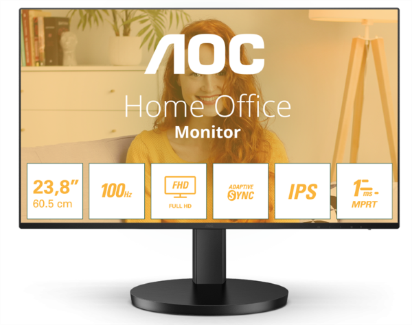 Монитор 23,8 AOC 24B3HA2 1920х1080, WLED, 16:9, IPS, 250cd, 1300:1, 20M:1, 4ms, 178/178, VGA, HDMI, 100Hz, Speakers, Tilt, Внутр, VESA, Black, 3y