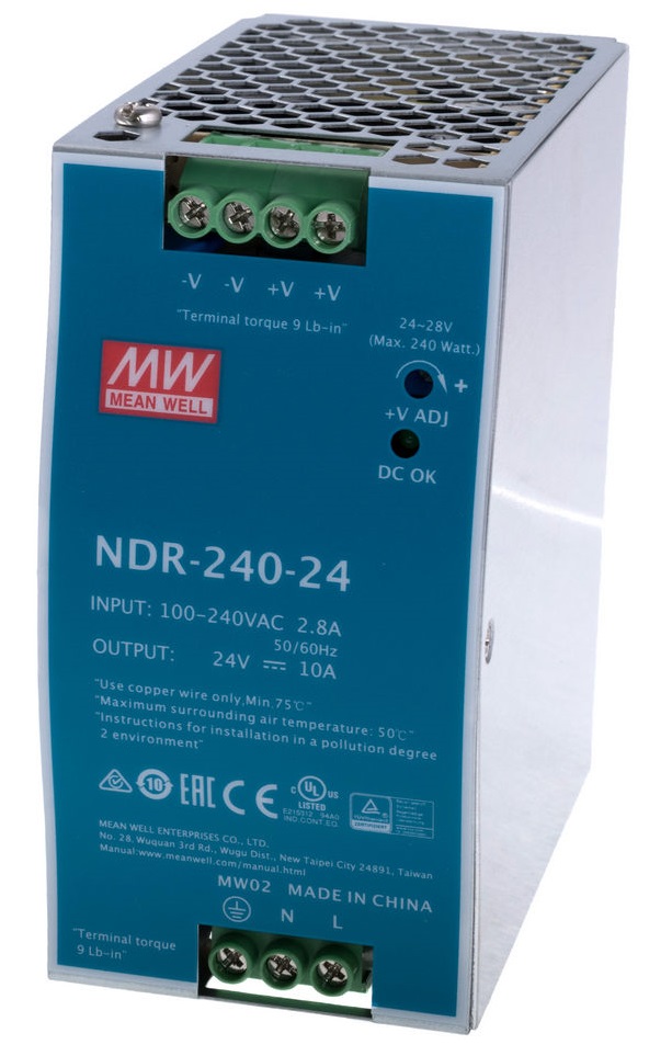 Преобразователь AC-DC сетевой Mean Well NDR-240-24 240Вт, вход 90…264V AC, 47…63Гц /127…370В DC, выход 24В/10A, рег. вых 24…28В, изоляция 3000В AC, в