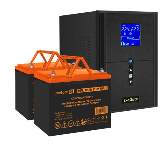 Комплект Exegate SineTower SZ-2000.LCD.AVR.3SH.1C13.USB EX296848RUS ИБП EX295989RUS + батарея 80Aч EX285654RUS 2шт (инвертор, синус, для котла) 2000VA