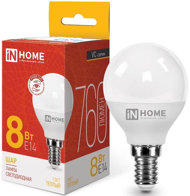 Лампы светодиодные  Xcom-Shop Лампа светодиодная IN HOME 4690612020549 LED-ШАР-VC 8Вт шар 3000К теплый, белый E14 760лм