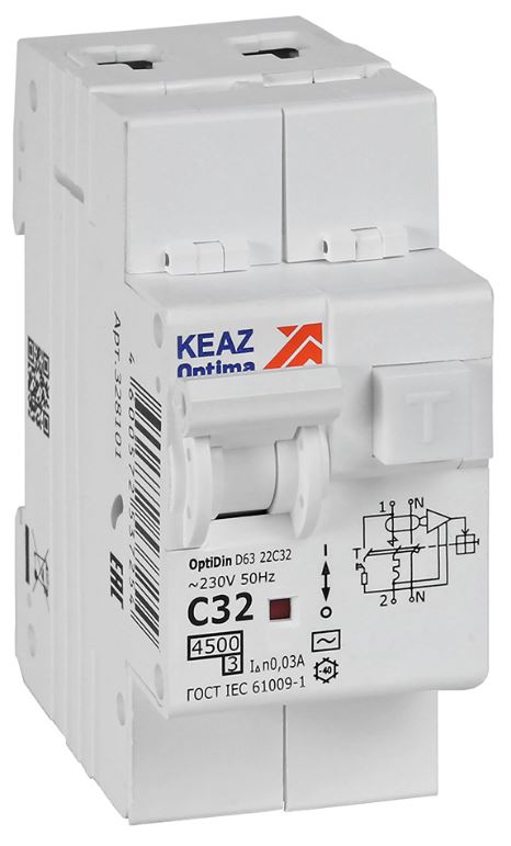 Автомат дифференциальный КЭАЗ 328101 OptiDin D63-22C32-AC-У3 2P C32A 30mA 4,5кА