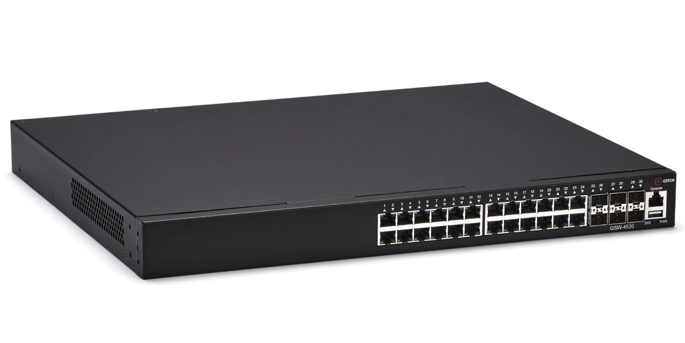 Коммутатор управляемый QTECH QSW-4530-30TX уровня L3, 24 порта 10/100/1000BASE-T, 6 портов 10GbE SFP+, консольный порт, 2 слота для установки сменных