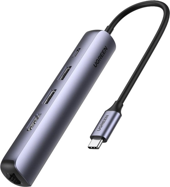 Адаптер UGREEN CM418 10919_ USB Tape-C to 2*USB 3.0/HDMI/RJ45/PD, цвет: серебристый