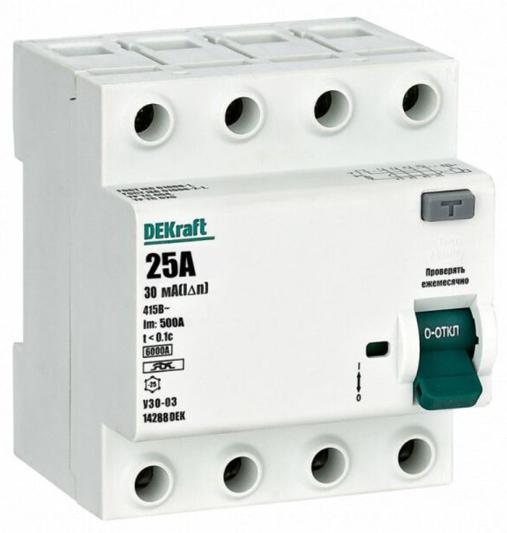 УЗО DEKraft 14288DEK ВДТ 4P 25А 30мА тип A 6кА