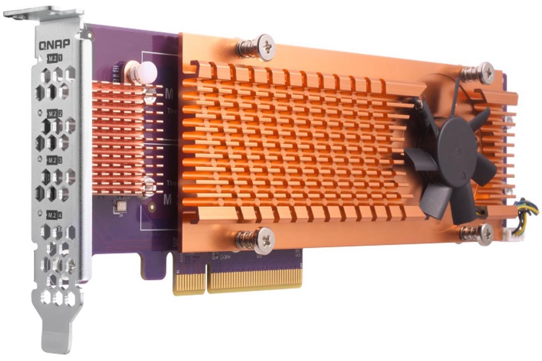 Карта расширения QNAP QM2-4P-284 Quad M.2 PCIe SSD; supports up to four M.2 2280 formfactor M.2 PCIe (Gen2 x4) SSDs; PCIe Gen2 x8 host interface; Low-