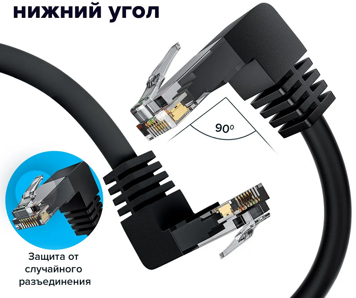 Кабель патч-корд U/UTP 5e кат. 5м GCR GCR-53965 прямой, нижний/нижний угол, литой, ethernet high speed, RJ45, T568B, черный