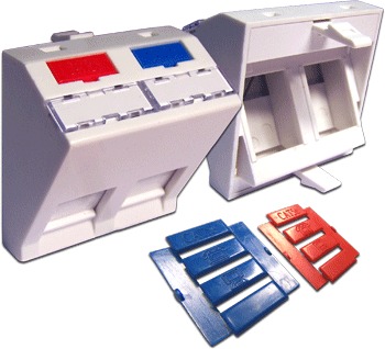 Вставка Lanmaster LAN-SIP-24A-WH 45x45 на 2 кейстоуна, угловая, со шторкой, маркировкой и иконками, белая