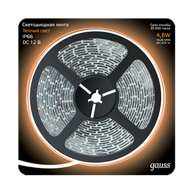 Лента Gauss 311000105 LED 2835/60-SMD 4.8W 12V DC теплый белый IP66 (блистер 5м)