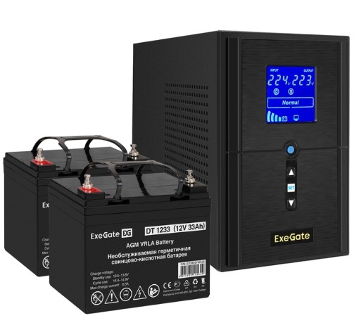 Комплект Exegate SineTower SZ-1500.LCD.AVR.2SH.1C13.USB EX296814RUS ИБП EX295988RUS + батарея 33Aч EX282974RUS 2шт (инвертор, синус, для котла) 1500VA
