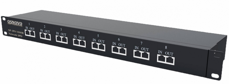 Защита цепей управления и IP-сетей (1000Мб/сек)  Xcom-Shop Грозозащита OSNOVO SP-IP8/1000R для локальной вычислительной сети (скорость до 1000Мбит/с) на 8 портов. Двухступенчатая защита. Макс. длительное раб.